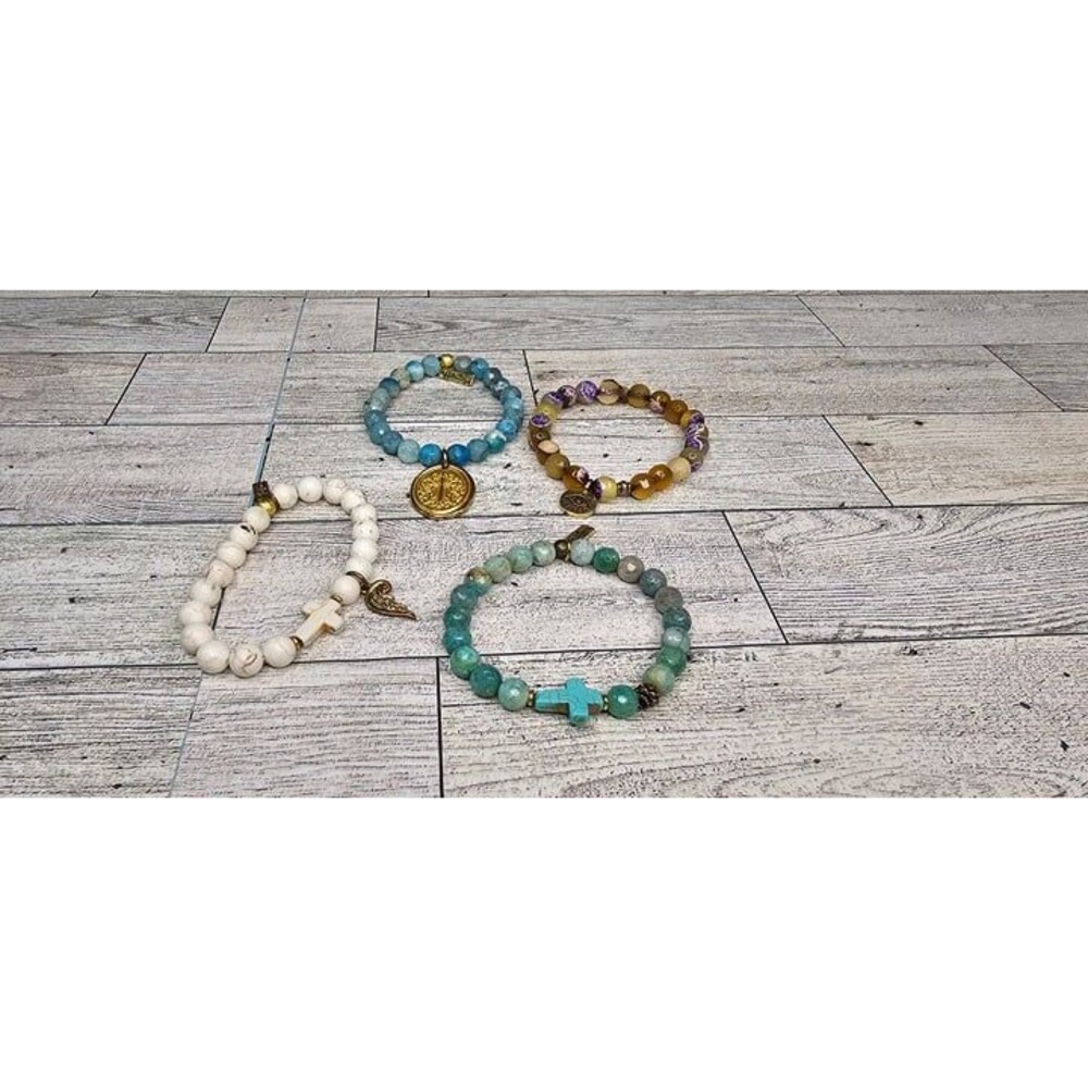 Lot of 4 Liv N Grace Stretch Bracelets Natural Stones Charms Cross Handmade